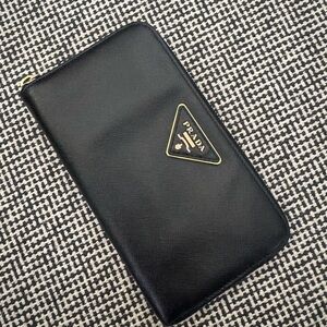 Prada Black Leather Zip Card Holder with Gold Logo